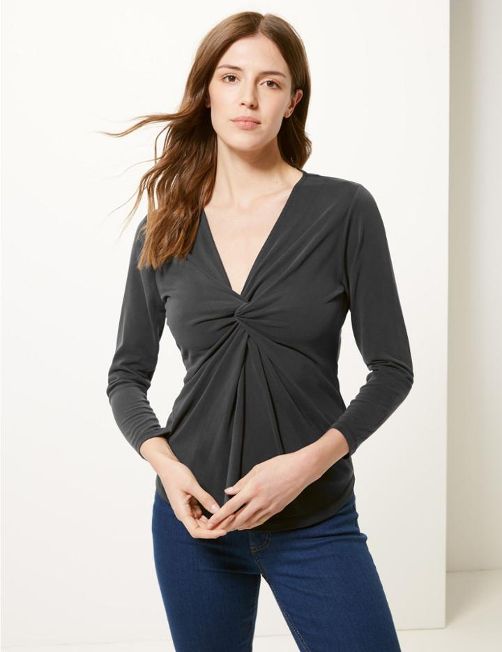 Marks & Spencer Twisted Front V-neck Long Sleeve Top Black
