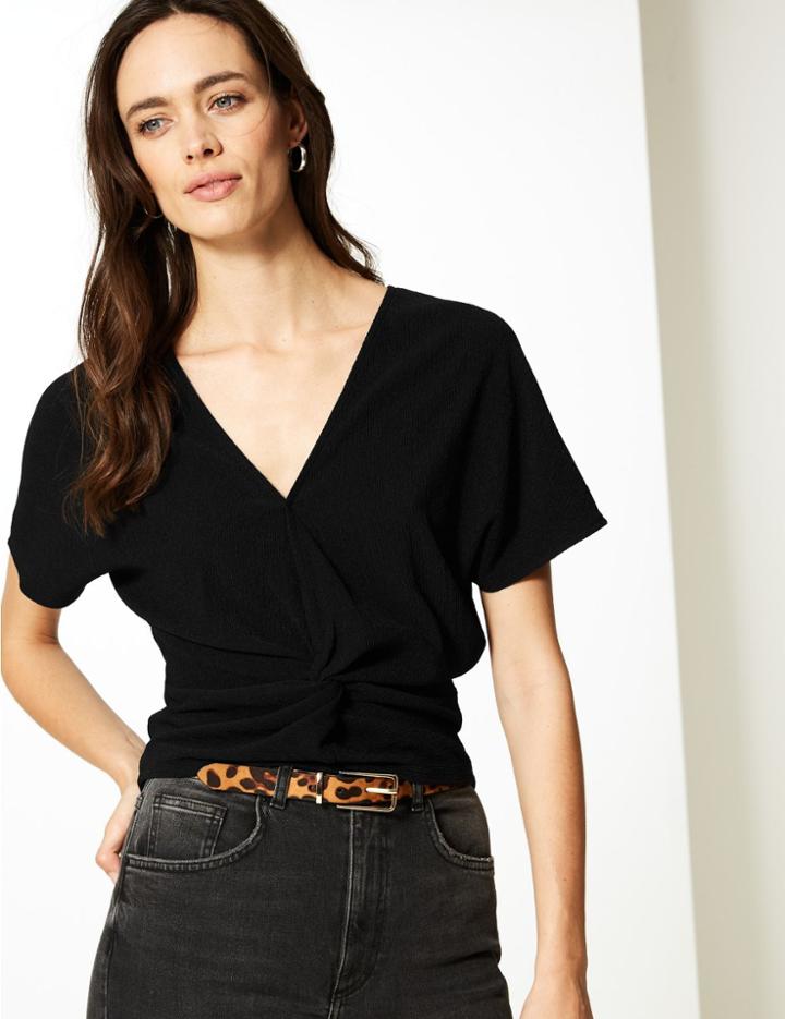 Marks & Spencer Textured V-neck Short Sleeve Top Navy