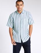 Marks & Spencer Pure Linen Easy Care Slim Fit Shirt Medium Turquoise