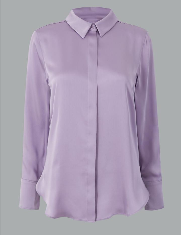 Marks & Spencer Satin Button Detailed Long Sleeve Shirt Amethyst