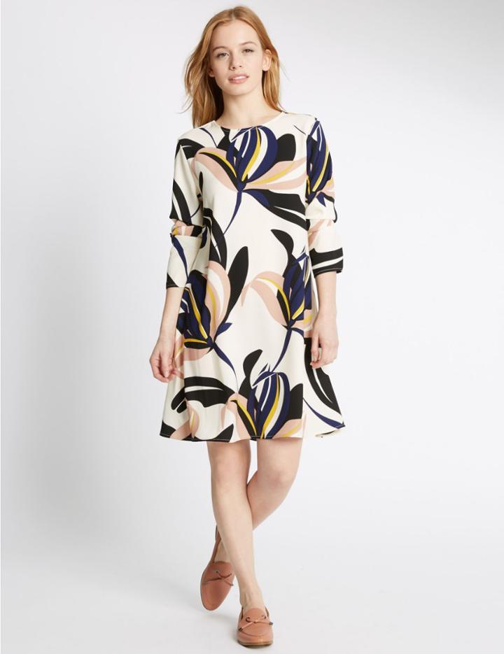 Marks & Spencer Petite Floral Print Long Sleeve Swing Dress Ivory Mix