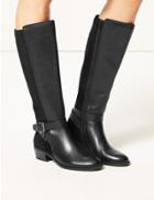 Marks & Spencer Leather Block Heel Strap Knee Boots Black
