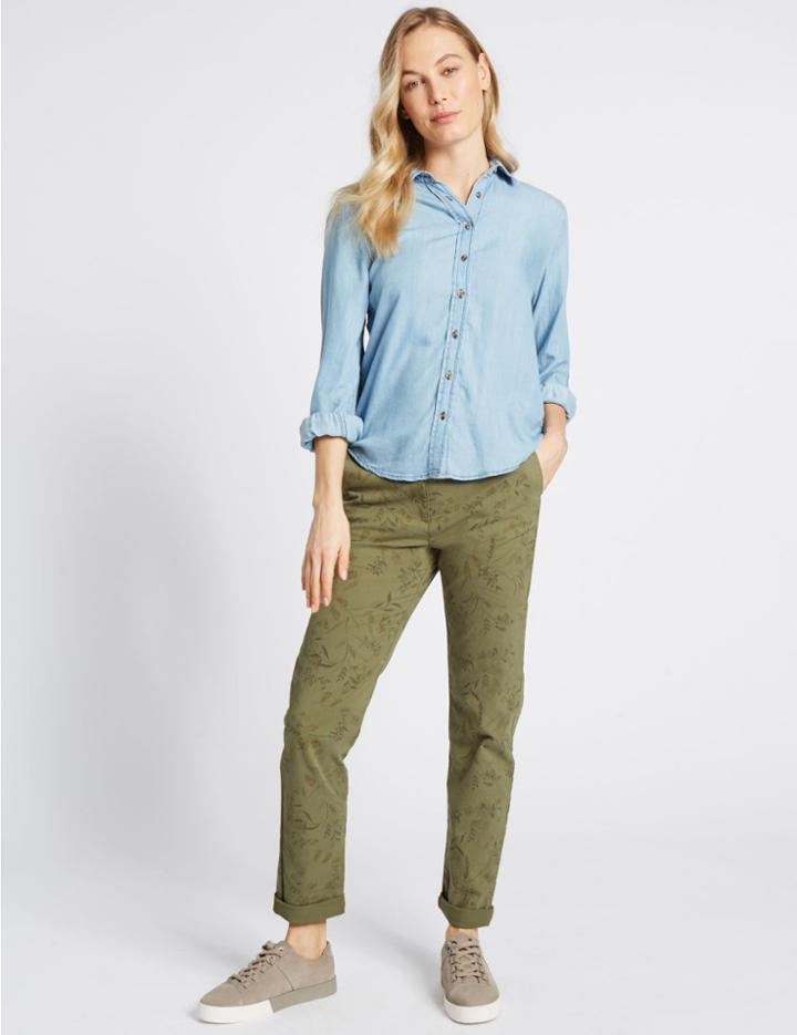 Marks & Spencer Cotton Rich Floral Print Chinos Khaki Mix