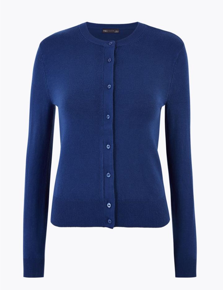 Marks & Spencer Petite Round Neck Cardigan Rich Blue