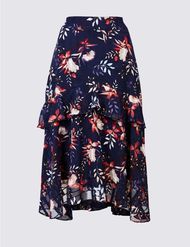 Marks & Spencer Floral Print Asymmetric A-line Midi Skirt Navy Mix