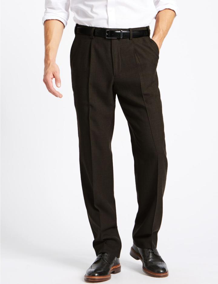 Marks & Spencer Tailored Wool Blend Single Pleated Trousers Brown Mix