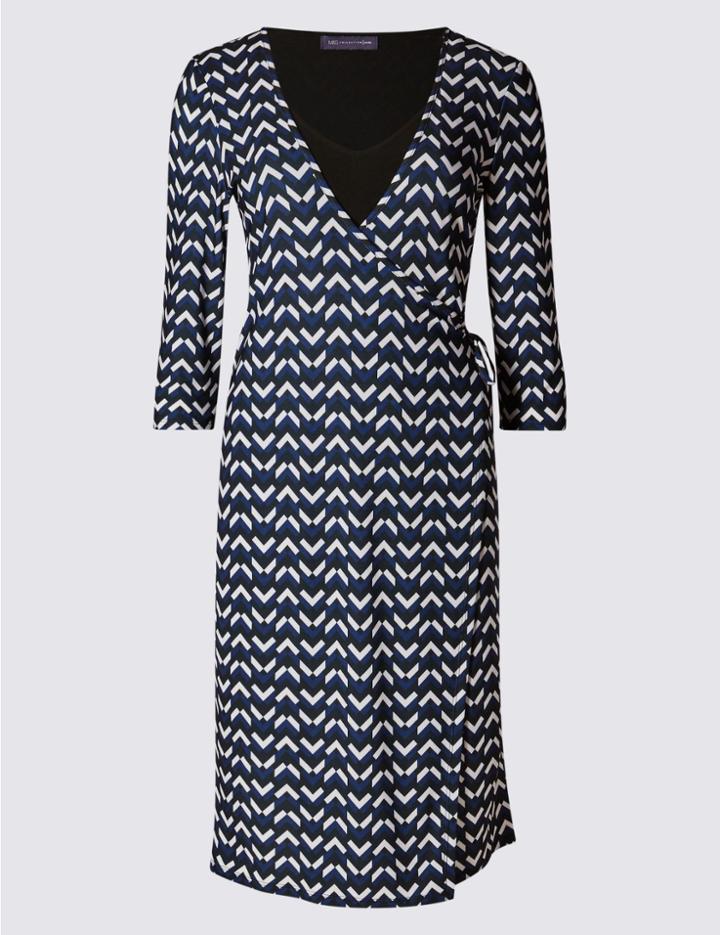 Marks & Spencer Petite Layered Wrap 3/4 Sleeve Shift Dress Navy Mix