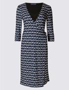 Marks & Spencer Petite Layered Wrap 3/4 Sleeve Shift Dress Navy Mix