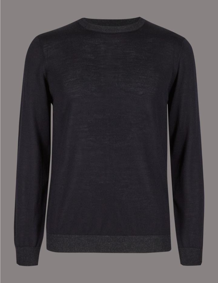 Marks & Spencer Pure Merino Wool Crew Neck Slim Fit Jumper Navy Mix