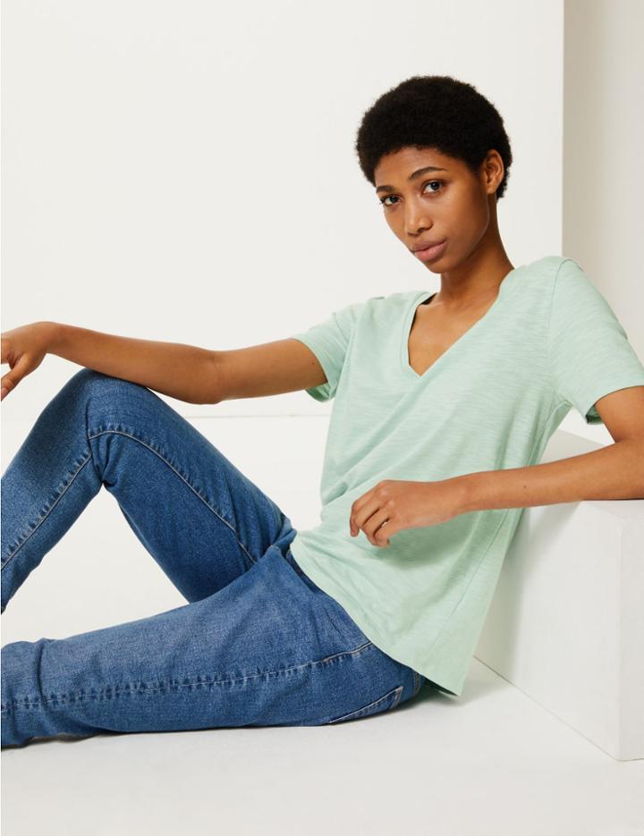 Marks & Spencer Cotton Rich Straight Fit Slub T-shirt Light Mint