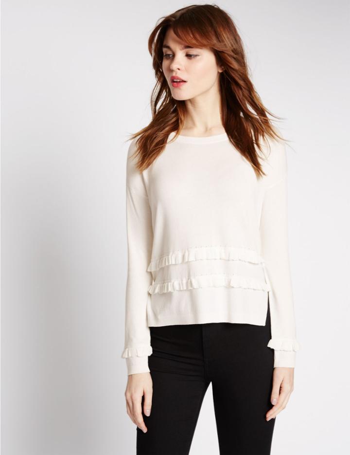 Marks & Spencer Crop Frill Textured Jumper Ivory