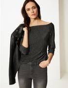 Marks & Spencer Sparkly 3/4 Sleeve Bardot Top Silver