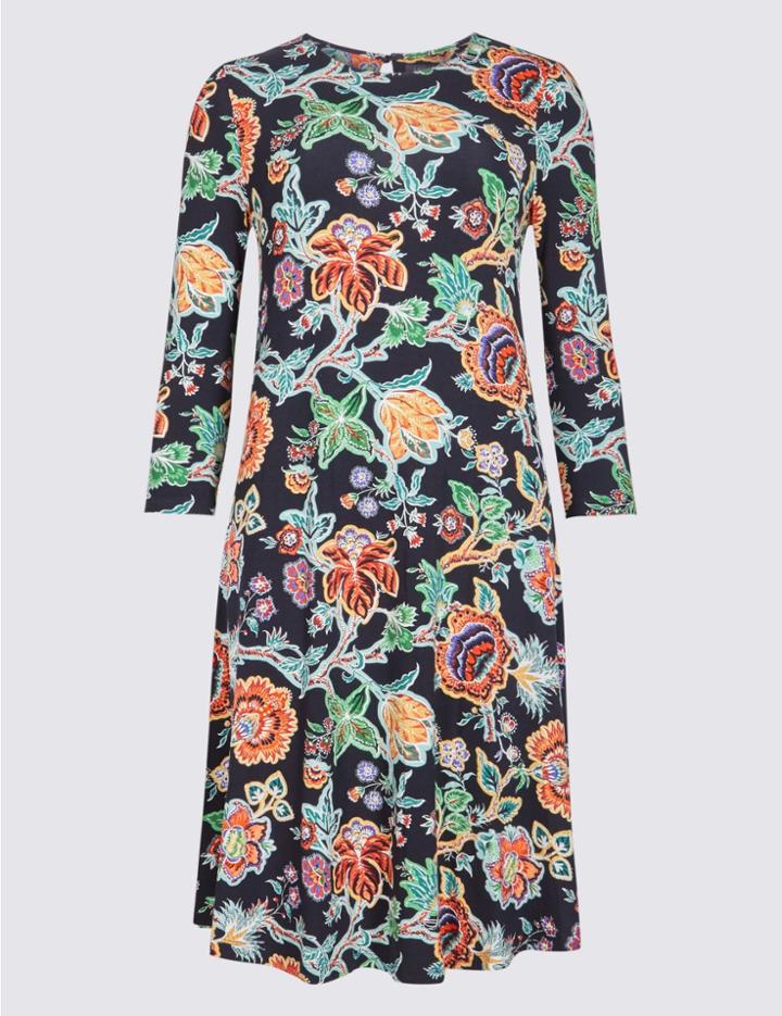 Marks & Spencer Flared Floral Print Long Sleeve Swing Dress Navy Mix