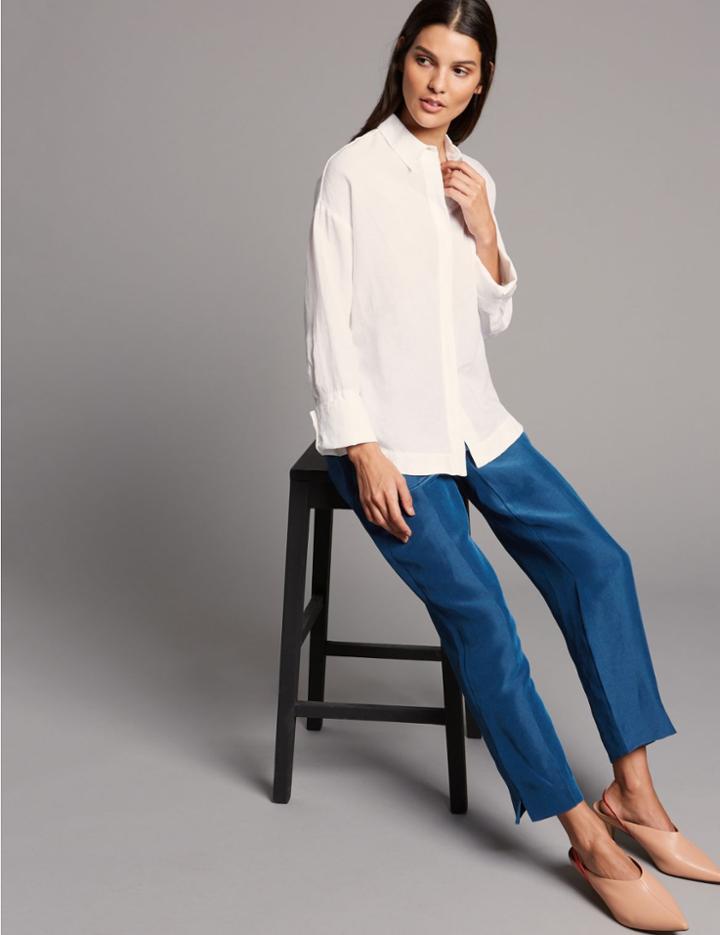 Marks & Spencer Linen Rich Ankle Grazer Straight Trousers Marine