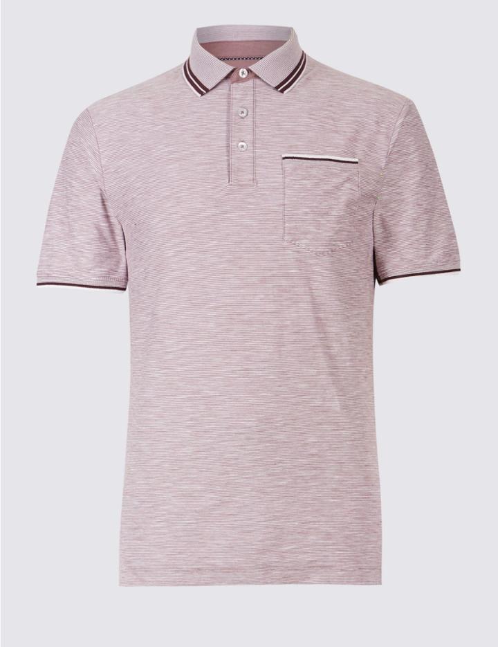 Marks & Spencer Slim Fit Pure Cotton Striped Polo Shirt Pink Mix