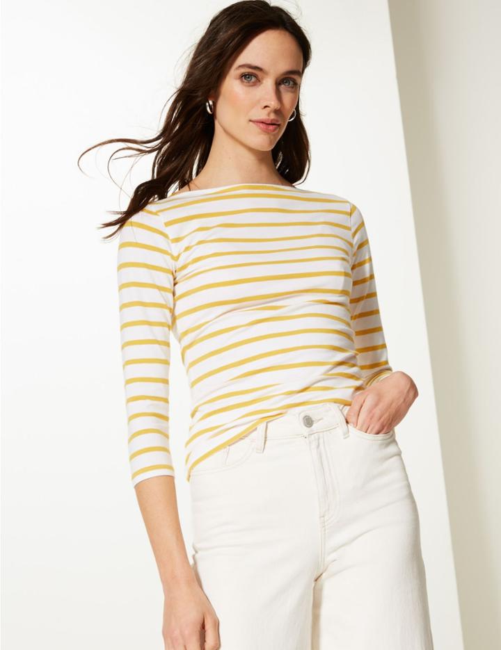 Marks & Spencer Cotton Rich Striped 3/4 Sleeve Fitted T-shirt Yellow Mix