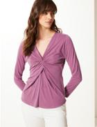 Marks & Spencer Twisted Front V-neck Long Sleeve Top Mid Magenta