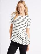 Marks & Spencer Striped Round Neck Short Sleeve Peplum Top Ivory Mix