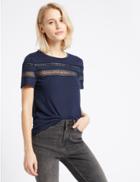 Marks & Spencer Lace Trim Short Sleeve Jersey Top Navy