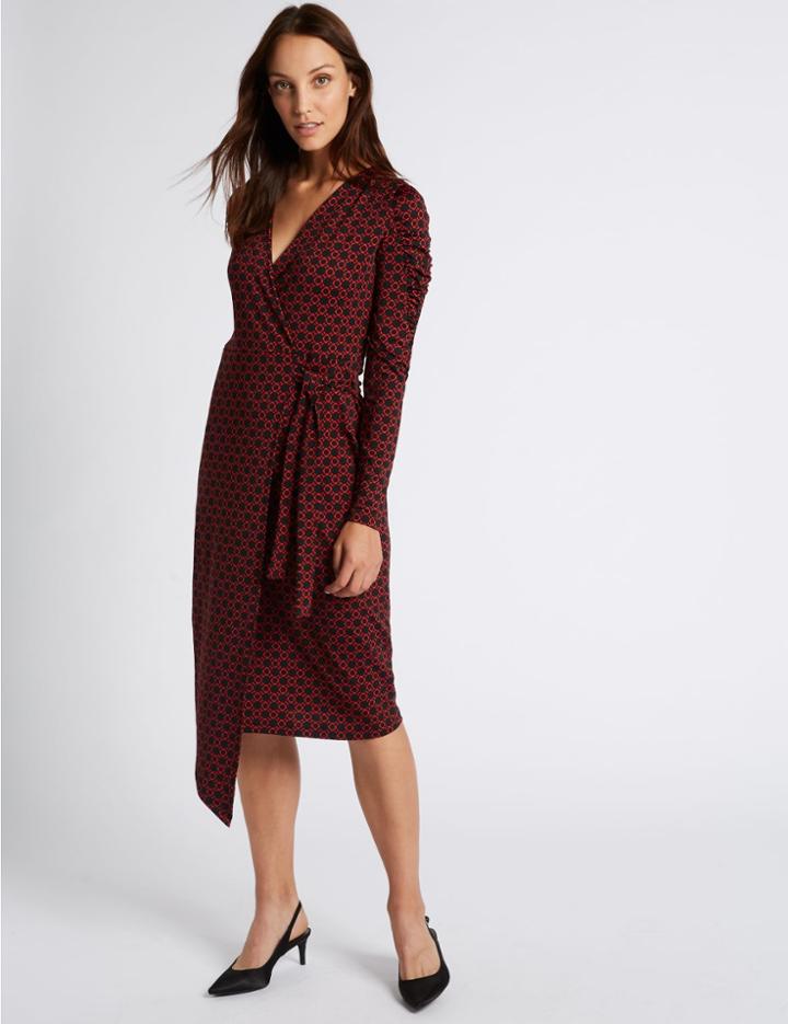 Marks & Spencer Printed Ruched Sleeve Wrap Midi Dress Black Mix