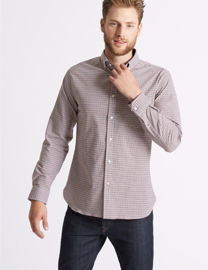 Marks & Spencer Cotton Rich Slim Fit Checked Oxford Shirt Orange Mix