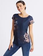 Marks & Spencer Floral Woven Front Short Sleeve T-shirt Navy Mix