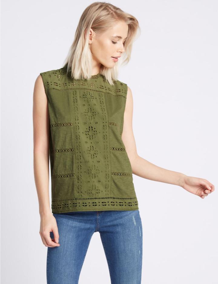 Marks & Spencer Pure Cotton Round Neck Sleeveless Blouse Khaki
