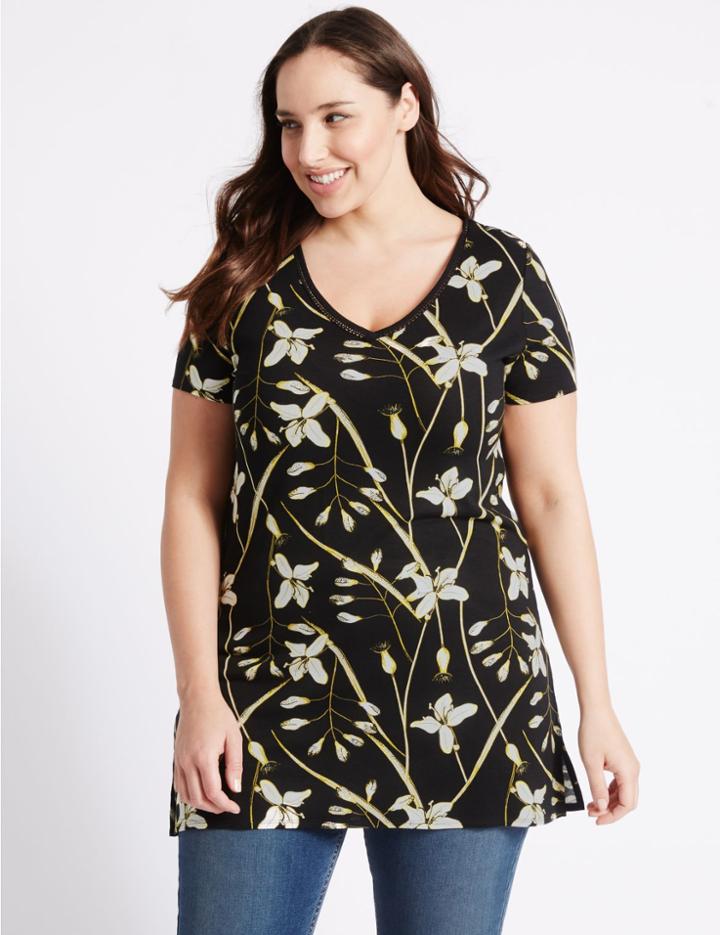 Marks & Spencer Plus Floral Print V-neck Short Sleeve Tunic Black Mix
