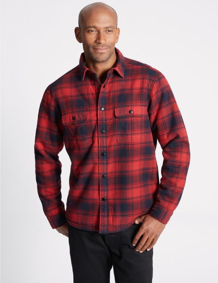 Marks & Spencer Fleece Lined Ombre Check Overshirt Red Mix