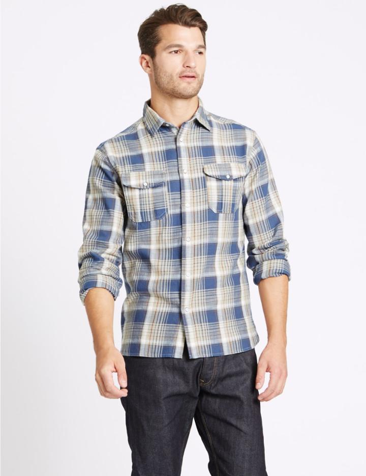 Marks & Spencer Pure Cotton Checked Shirt With Pocket Indigo Mix