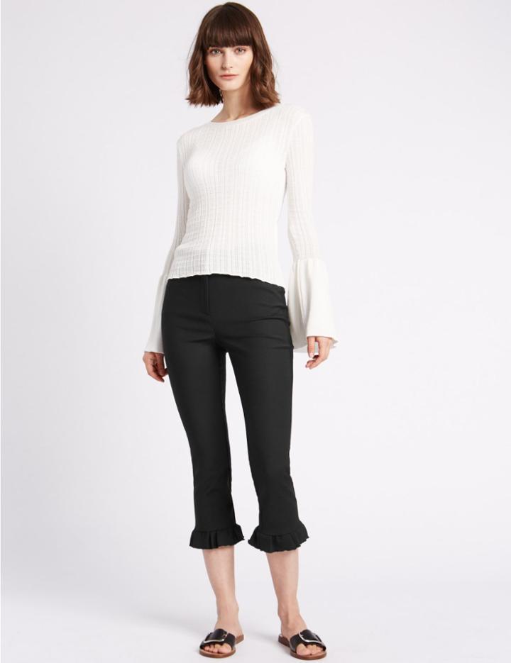 Marks & Spencer Cotton Blend Frill Hem Slim Leg Trousers Black