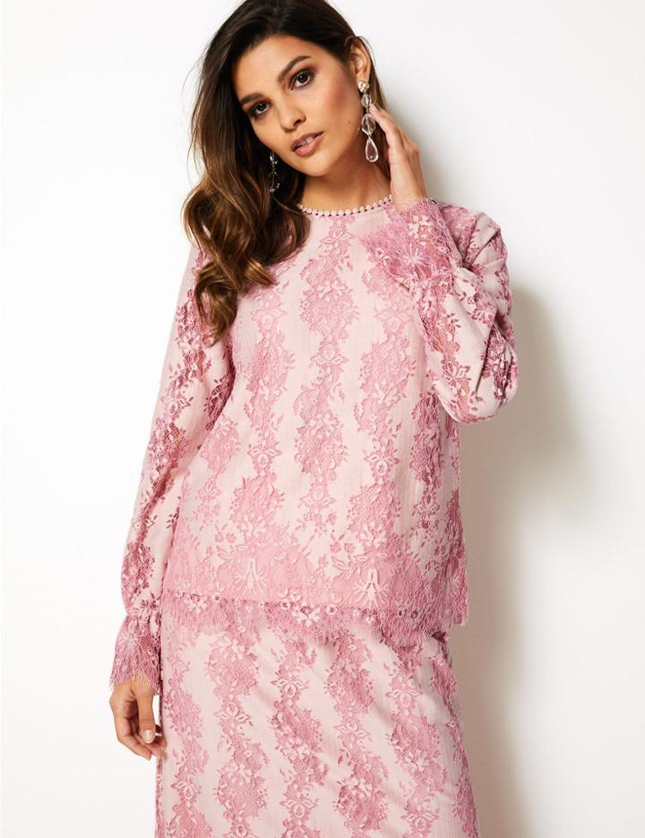 Marks & Spencer Cotton Blend Lace Blouse Pink Mix