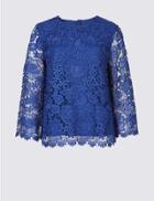 Marks & Spencer Lace Round Neck Long Sleeve Blouse Royal Blue