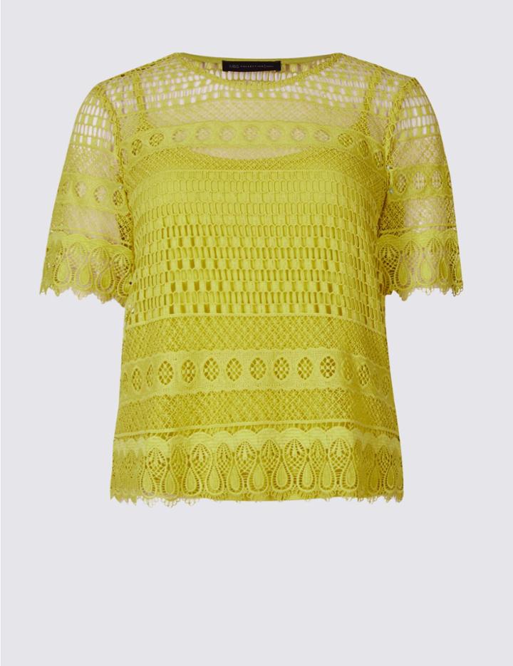 Marks & Spencer Petite All Over Lace Half Sleeve Jersey Top Yellow