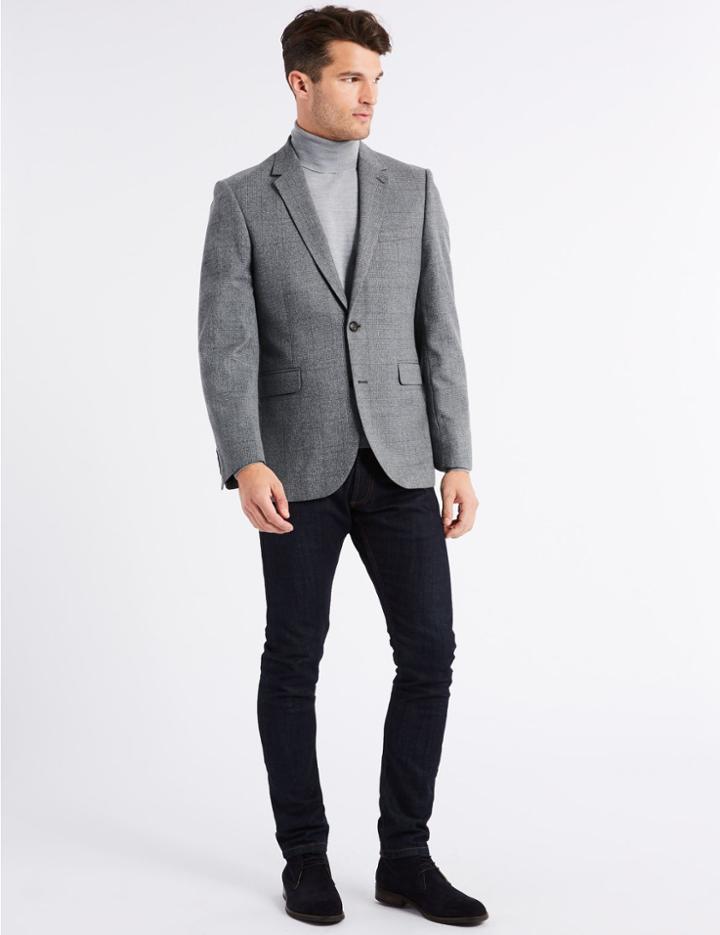 Marks & Spencer Grey Checked Tailored Fit Jacket Light Grey