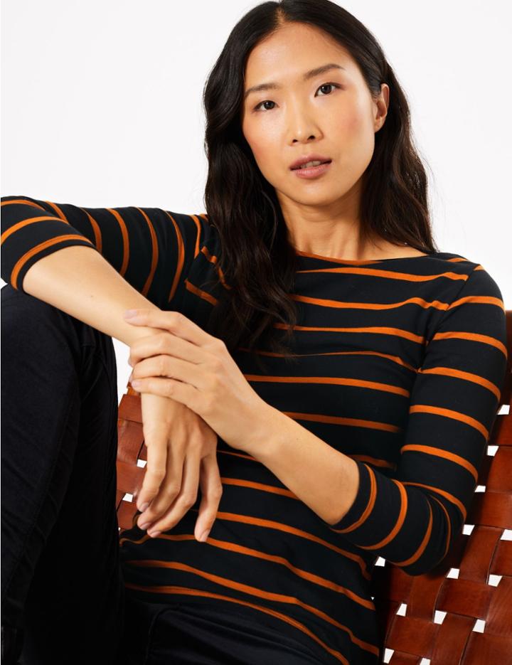 Marks & Spencer Cotton Rich Striped Fitted T-shirt Black Mix