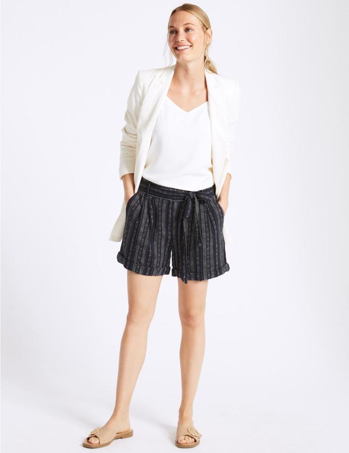 Marks & Spencer Linen Rich Striped Casual Shorts Blue Mix