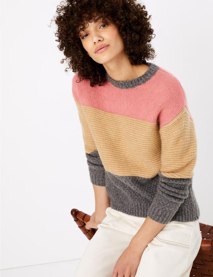 Marks & Spencer Colour Block Round Neck Jumper Camel Mix