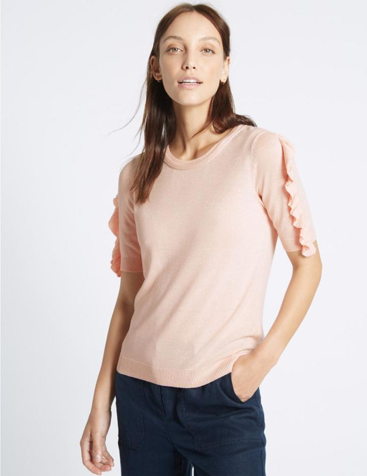 Marks & Spencer Ruffle Sleeve Round Neck Jumper Blush Pink