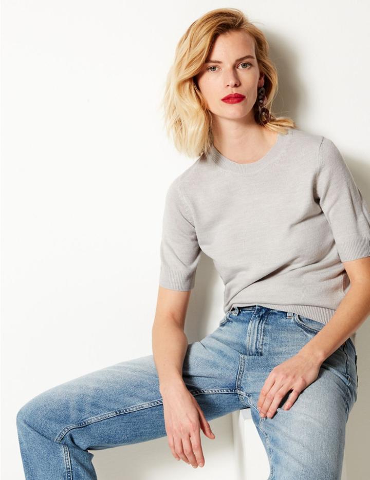 Marks & Spencer Textured Round Neck Jumper Light Grey