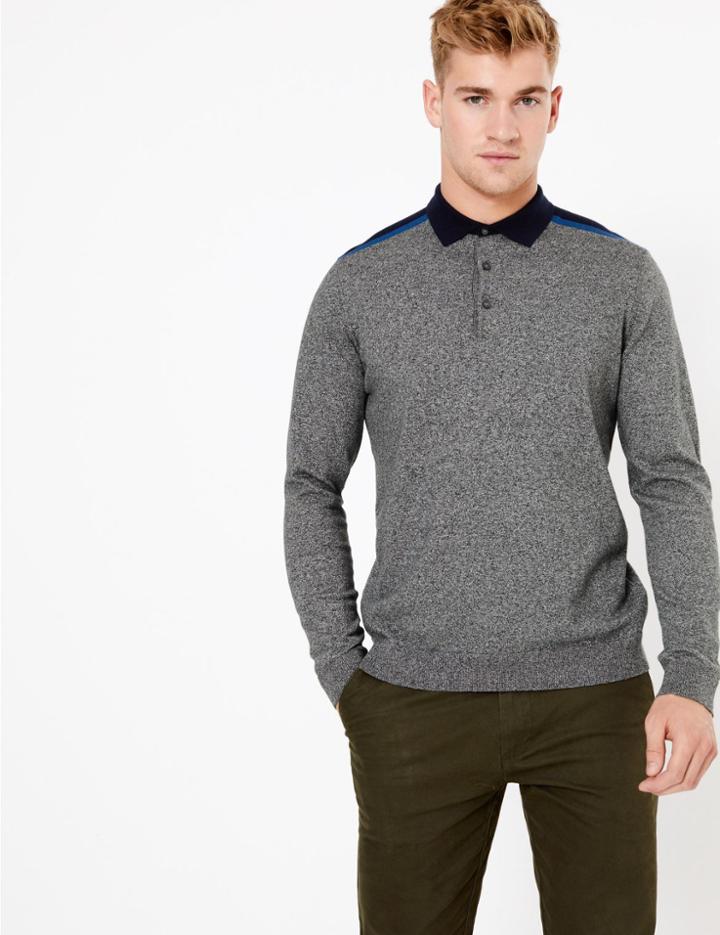 Marks & Spencer Cotton Striped Long Sleeve Polo Shirt Dark Grey Mix