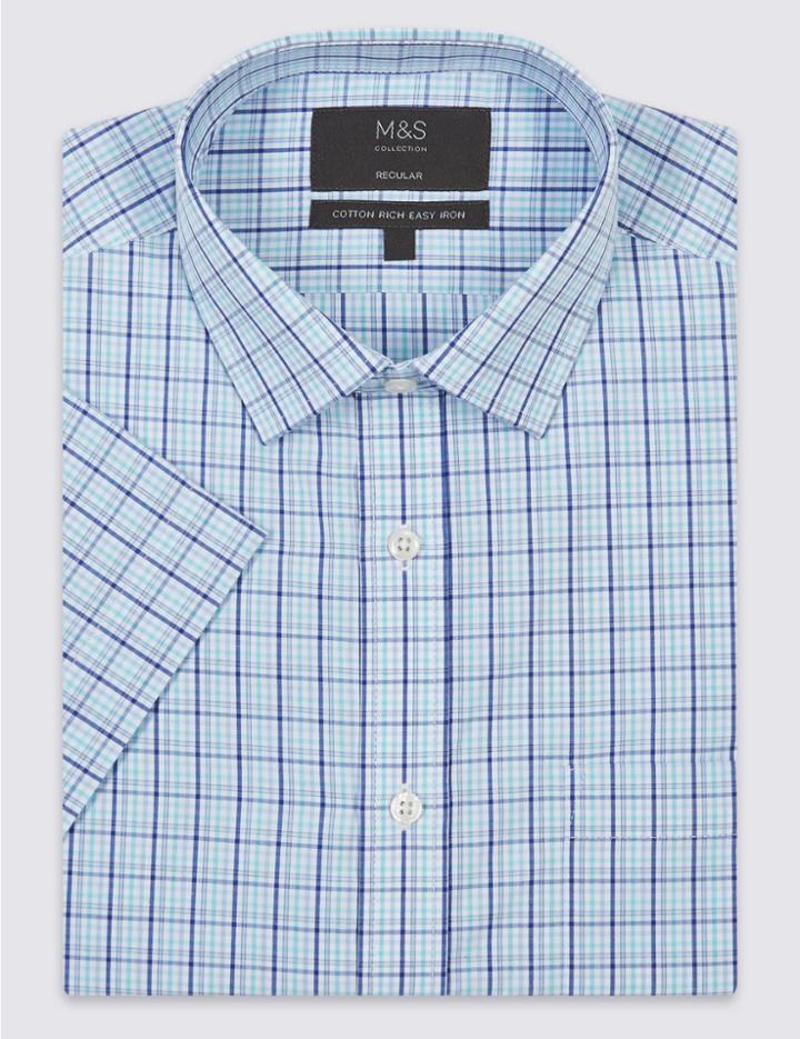 Marks & Spencer Cotton Rich Easy To Iron Regular Fit Shirt Aqua Mix