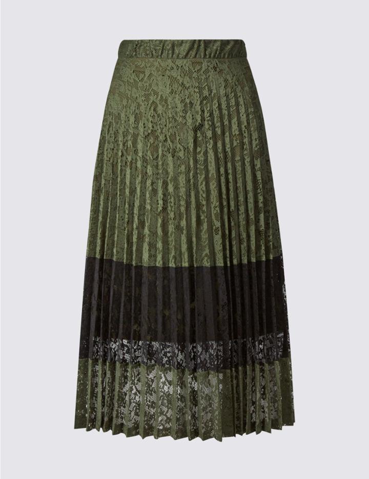 Marks & Spencer Lace Colour Block Pleated Midi Skirt Khaki Mix