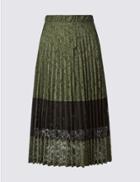 Marks & Spencer Lace Colour Block Pleated Midi Skirt Khaki Mix