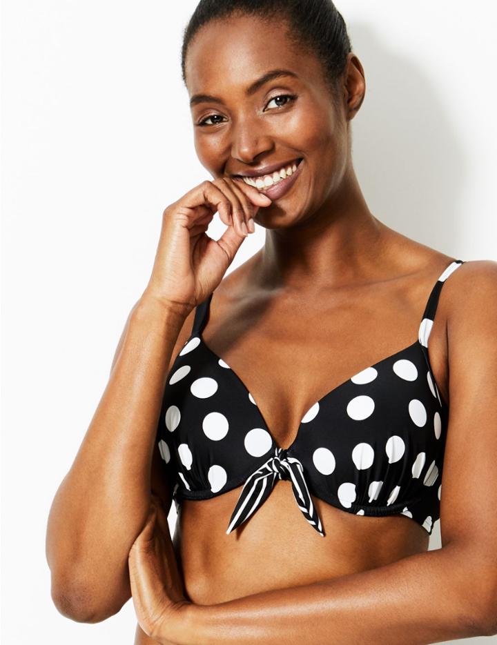 Marks & Spencer Spot Print Plunge Bikini Top A-g Black Mix