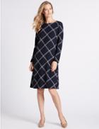 Marks & Spencer Checked Long Sleeve Tunic Midi Dress Navy Mix