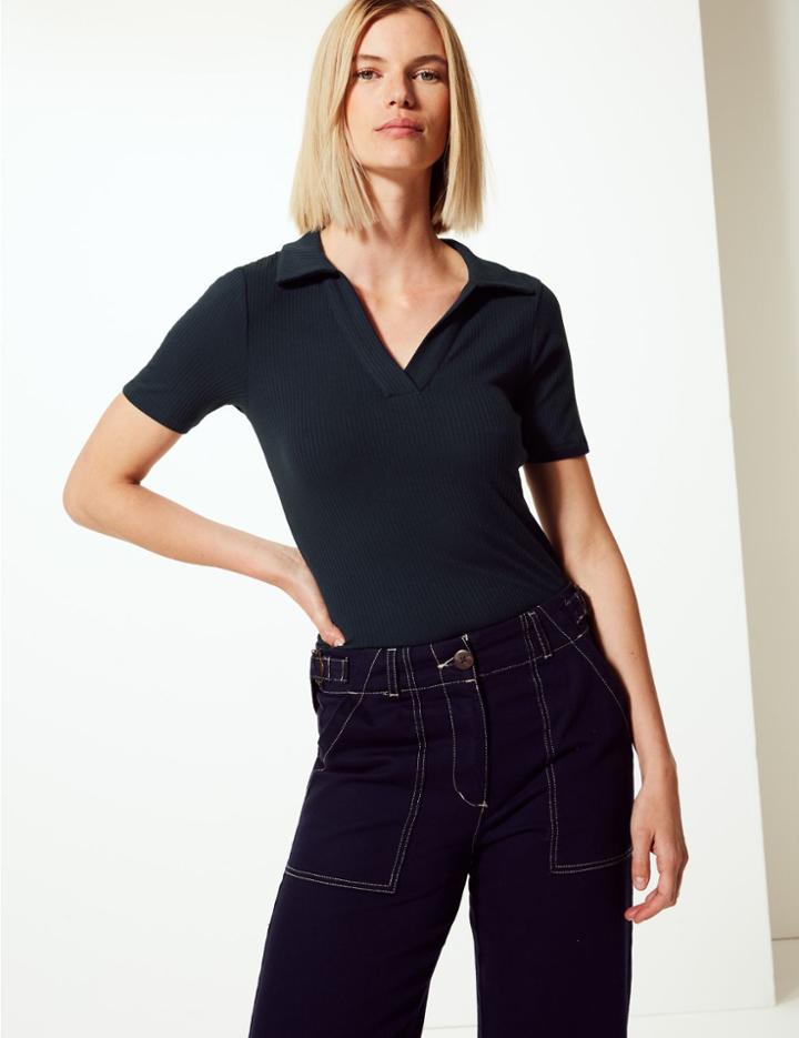 Marks & Spencer Textured Regular Fit Polo Shirt Navy