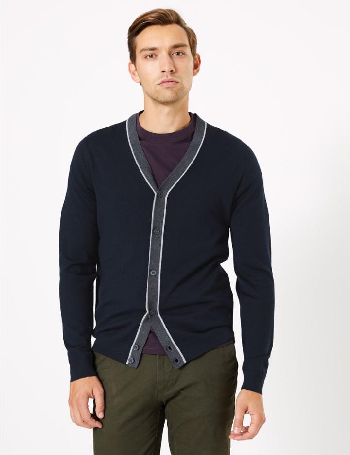 Marks & Spencer Pure Merino Wool V-neck Cardigan Navy Mix