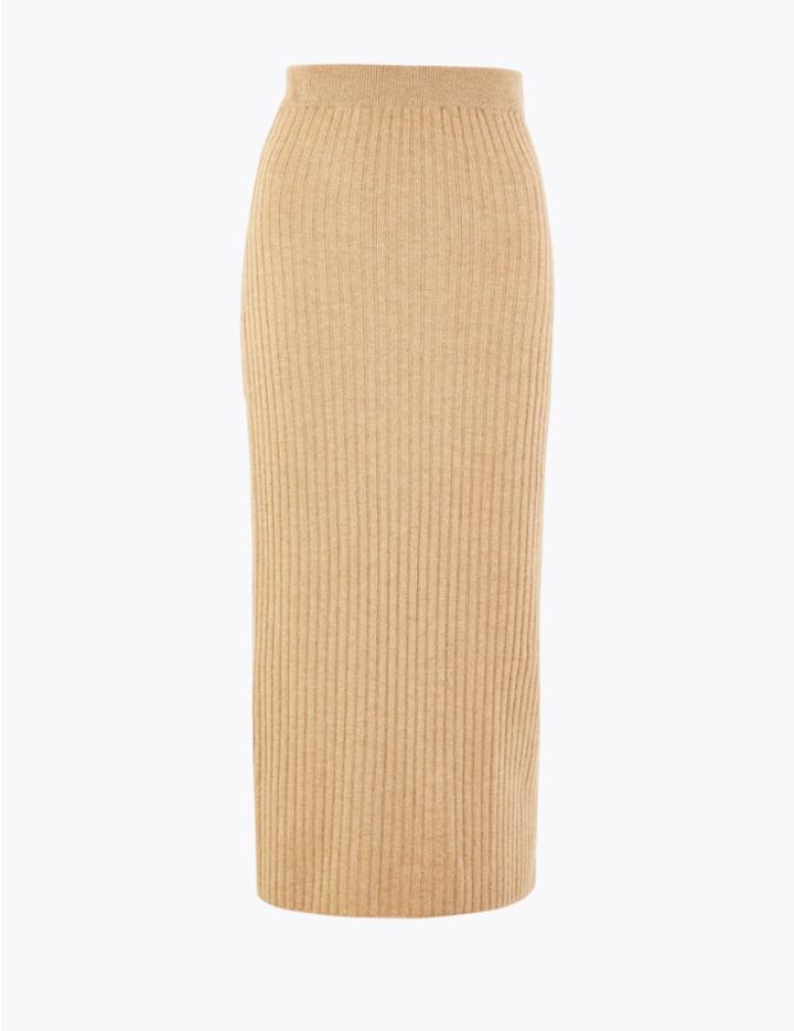 Marks & Spencer Pure Cashmere Ribbed Midi Knitted Skirt Camel