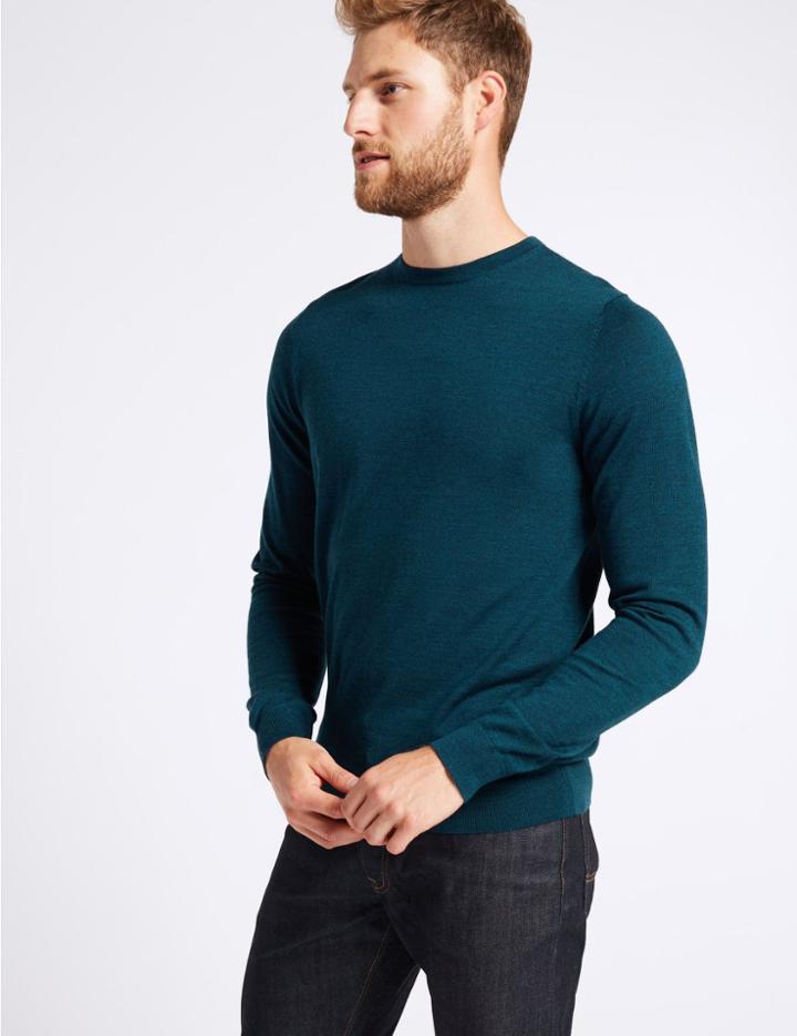 Marks & Spencer Pure Extra Fine Merino Crew Neck Jumper Teal Green